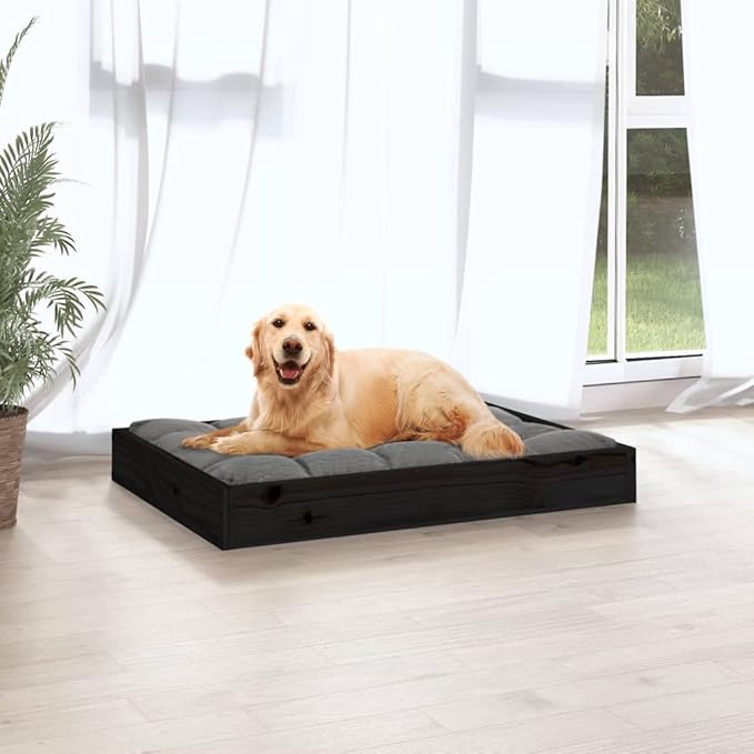 Modern Minimalist Dog Bed, Solid Pine Wood Elevated Pet Platform for Medium Dogs, Rustic Black Frame, 28.1 x 21.3 x 3.5 Inch Durable Pet Furniture