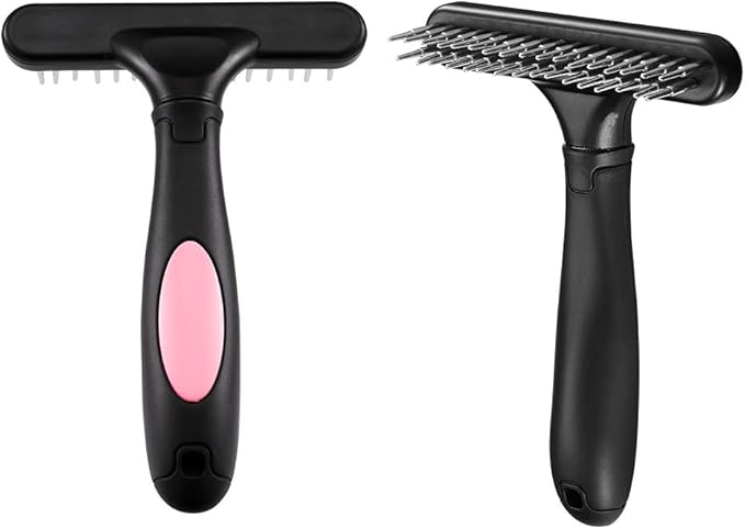 Pet Grooming Rake - Double Row Pins Shedding and Dematting Undercoat Rake Comb for Dogs, Cats, Matted, Short, Long Hair Coats - Safe Grooming & Deshedding Brush - Comb Out Mats & Tangles Easily