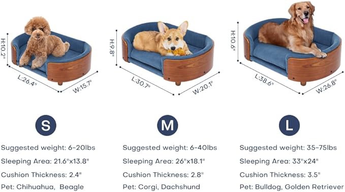 Scandinavian Style Elevated Dog Bed, Pet Sofa with Solid Wood Frame & Walnut Bent Wood Back, Orthopedic Support, Removable Washable Velvet Cover, Small Size, Dark Grey