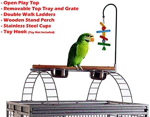 4-Size/2-Color, Large Double Ladders Open Play Top Wrought Iron Bird Parrot Parttot Finch Macaw Cockatoo Cage, Include Seed Guard and Toy Hook