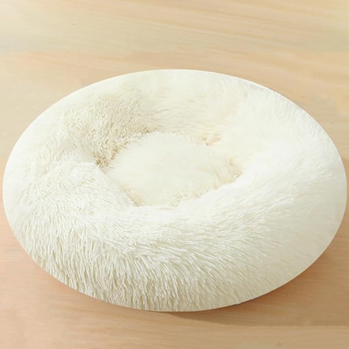 Calming Small Dog Bed & Cat Bed, 16 Inch Donut Fluffy Anti-Anxiety Round Bed Washable Cute Bed, Cuddler Warming Cozy Soft Bed, Plush Cushion Bed for Small Medium Dogs and Cats (White)