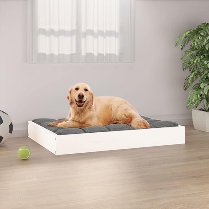 White Solid Pine Wood Dog Bed 28.1x21.3x3.5 Inch, Sturdy Raised Pet Bed for Small Medium Dogs, Rustic Minimalist Design Indoor Outdoor Use, Easy Assembly Wooden Frame Dog Sofa