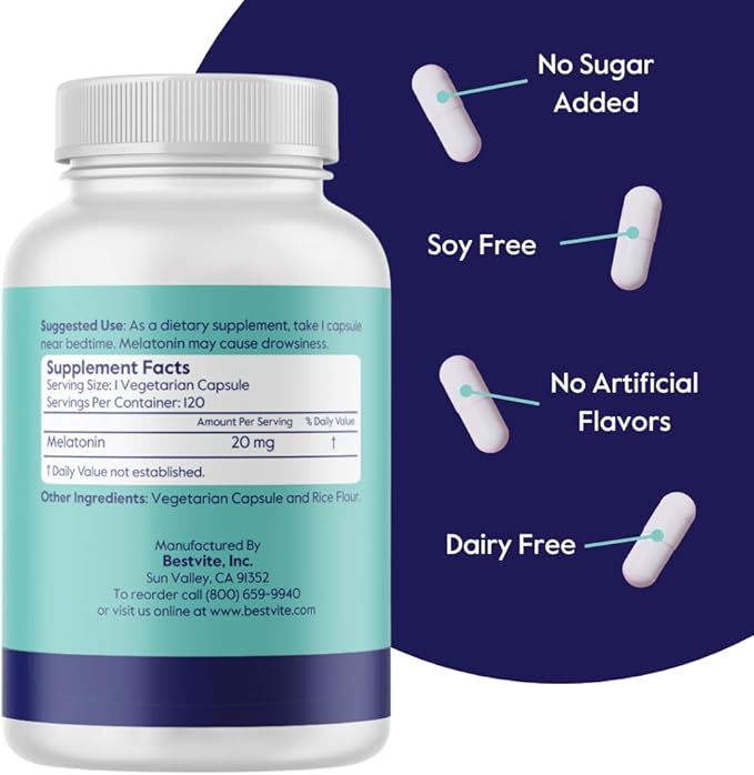 BESTVITE Melatonin 20mg (240 Vegetarian Capsules) (120 x 2) - No Stearates - Vegan - Non GMO - Gluten Free