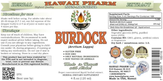 Burdock Alcohol-Free Liquid Extract, Organic Burdock (Arctium Lappa) Dried Root Glycerite Hawaii Pharm Natural Herbal Supplement 4x4 oz