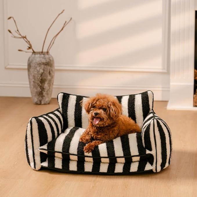 Lazy Holiday Plush Cozy Dog & Cat Sofa Bed, Teddy Velvet Dog Bed, Trendy Striped Faux Lambswool Double Layer Dog & Cat Sofa Bed Dogs Sleeping Mat for Medium Small Dogs & Cats (Beige,M)