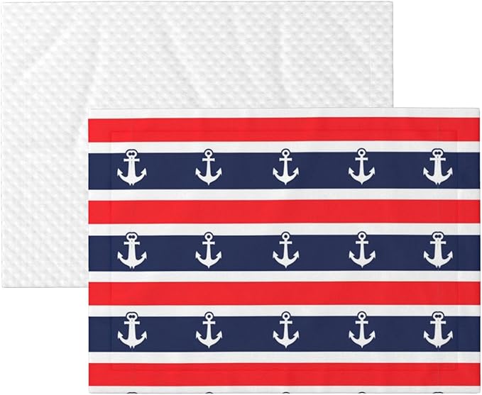 Double Sided Plush Pet Blanket for Small Large Animals, Nautical Anchor Seamless Pattern Blue and Red Stripe, Reversible Throw with Dimpled Dot Side and Flat Side for Kennels Living Rooms