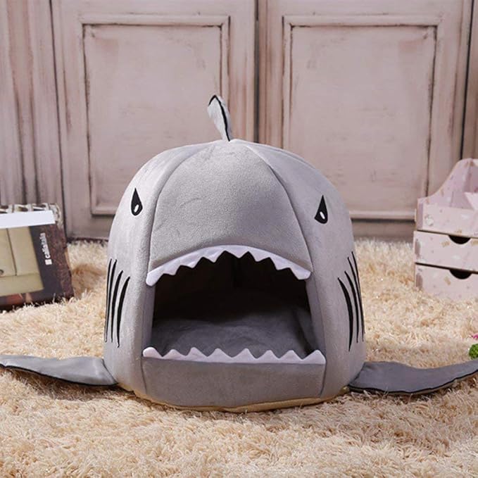 Shark Shaped Pet Dog Puppy Bed Warm Cat Bed House Nest for Autumn Winter Grey L