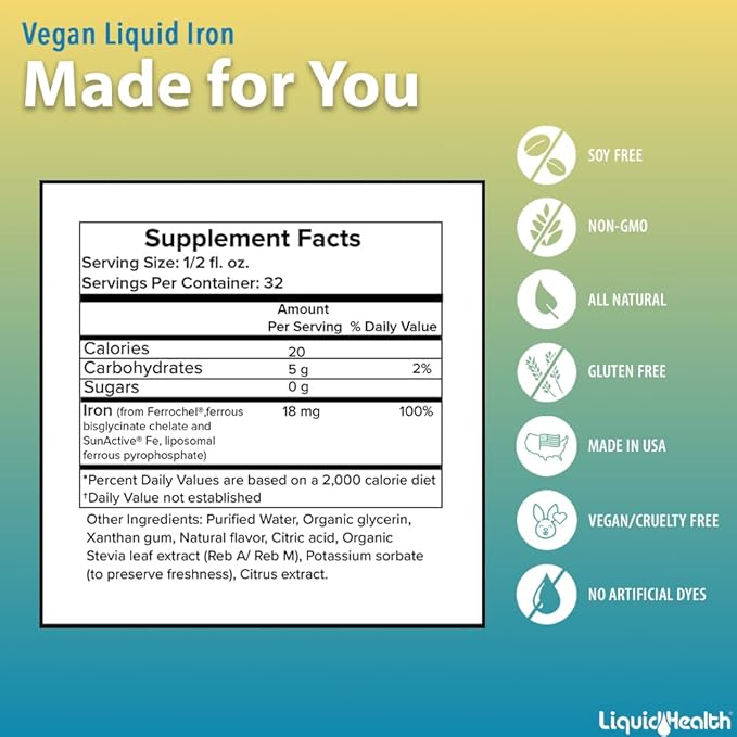 LIQUIDHEALTH Vegan Liquid Iron Supplement with SunActive & Ferrochel Iron - Natural Energy, Immune System & Metabolic Support, Increase Mental Clarity, Prenatal/Postnatal - USA Made, Non-GMO (16 oz)