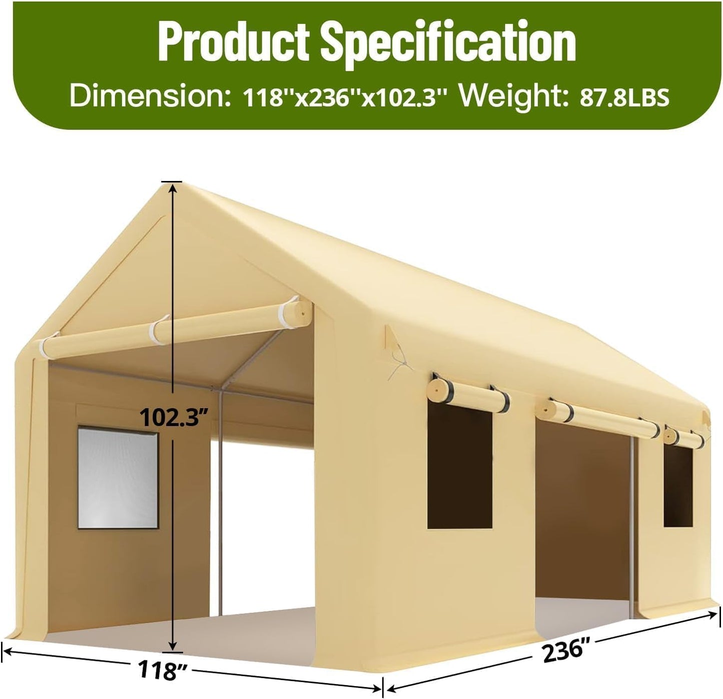 10x20 Ft. Metal Carport Garage with PE Fabric and Galvanized Steel Frame Outdoor Shelter for Cars, Trucks and Boats with 4 Doors and Mesh Windows for Ventilation - Yellow