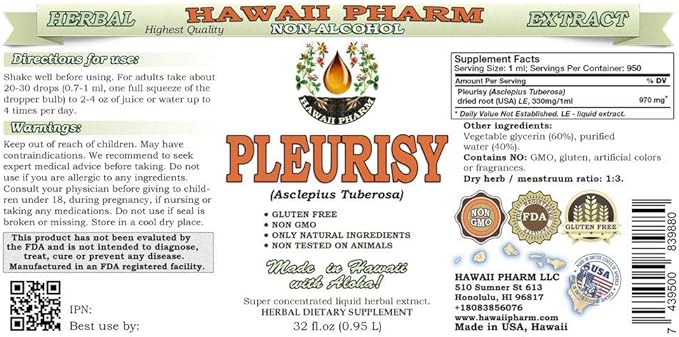 Pleurisy Root Alcohol-Free Liquid Extract, Pleurisy Root (Asclepius tuberosa) Dried Root Glycerite Natural Herbal Supplement, Hawaii Pharm, USA 32 fl.oz