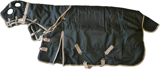 AJ Tack 1200D Waterproof Winter Horse Blanket with Hood - 400g Heavyweight Turnout with Fleece Collar, Shoulder Gussets & Tail Flap - Black 72"