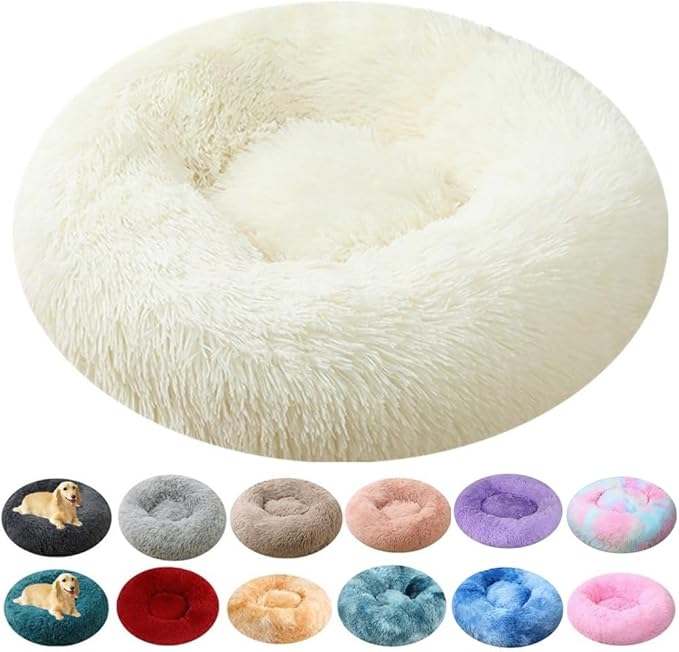 Calming Dog & Cat Bed, 24 Inch Anti-Anxiety Donut Cuddler Cat Bed with Anti-Slip Bottom, Washable Round Fluffy Pet Bed for Small Medium Dogs and Cats (White)