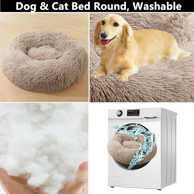 Calming Large Dog Bed & Cat Bed, 43 Inch Anti-Anxiety Donut Dog Cuddler Cat Bed, Warming Cozy Soft Dog Round Bed, Fluffy Faux Fur Machine Washable Pet Cushion for Medium Dogs & Cats (Coffee White)