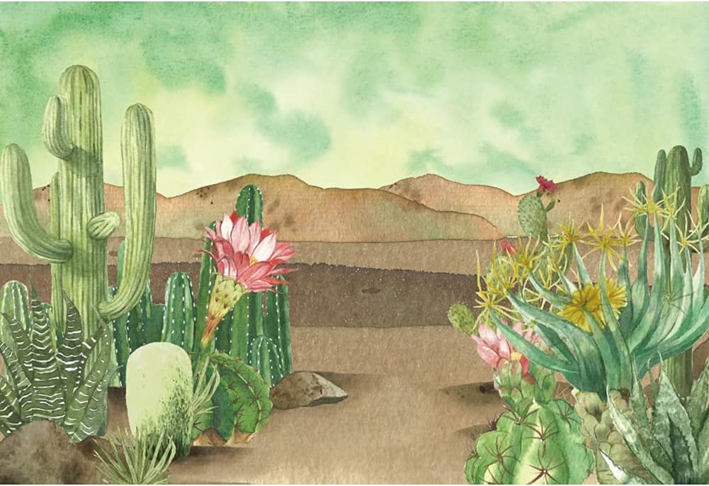 Renaiss 10x8ft Floral Cacti Backdrop Watercolor Aloes Cactus Flowers Desert Scenery Photography Background Botanical Mexican Fiesta Baby Shower Bridal Shower Birthday Party Decors Photo Studio Props
