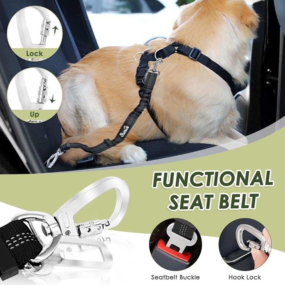 SlowTon Dog Seat Belt Harness for Car, Dog Car Harness Adjustable Mesh Breathable & Dog Seatbelt Safety Tether with Elastic Bungee for Small Medium Large Pets(Blue, Double Clip, S)