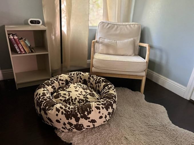 Organic Cotton Canvas Dog Bed: Removable Cover, Natural Fill - Made in USA (Cow Print Brown White, Large 35" x 8" inches)