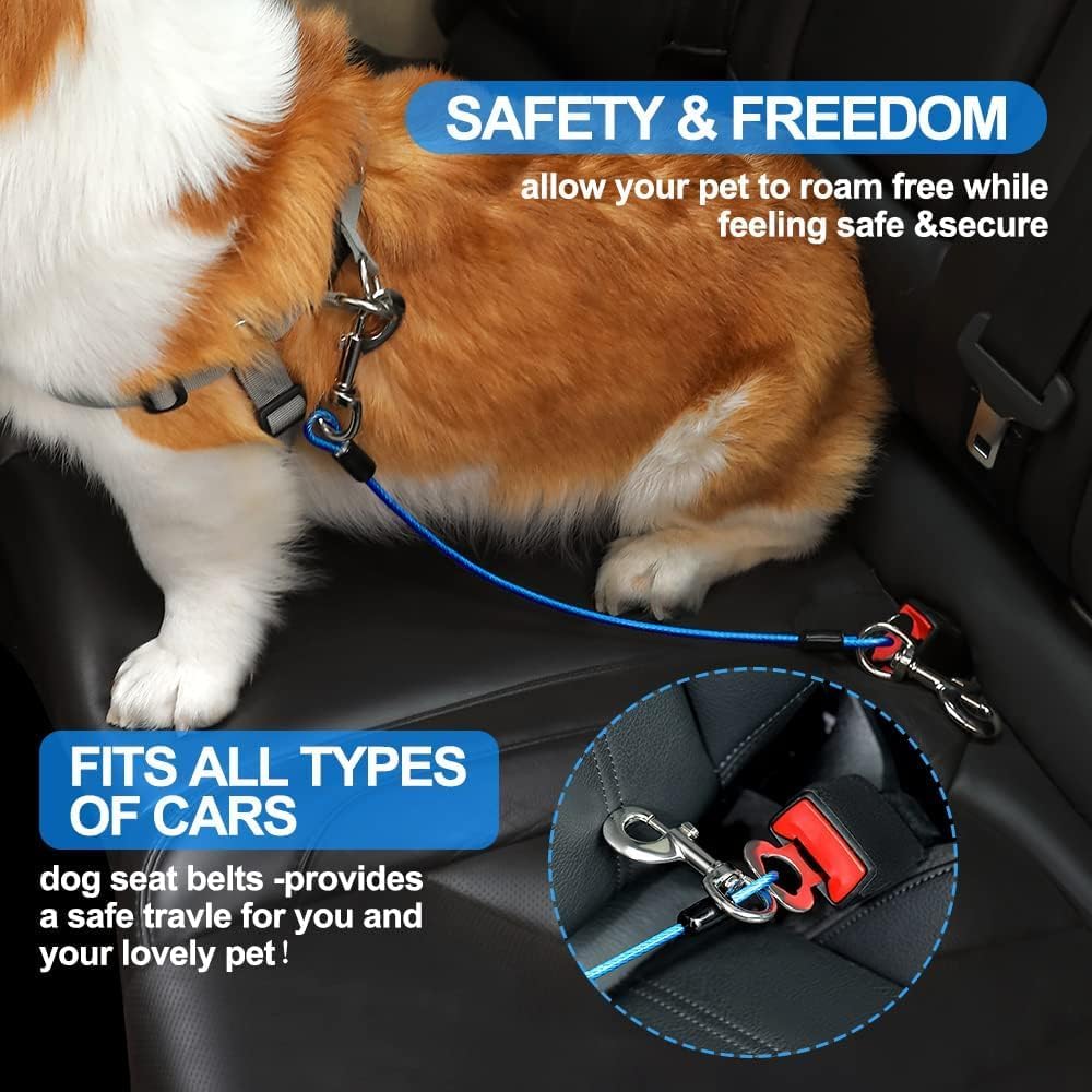 Dog Seat Belt Harness for Car,2pcs Dog Seatbelt of Coated Wire Leash Safety Restraint,No Chew Tether Cable Vehicle Dogs Accessories,Double Clips & Latch (Blue, 24 inch/60 CM)