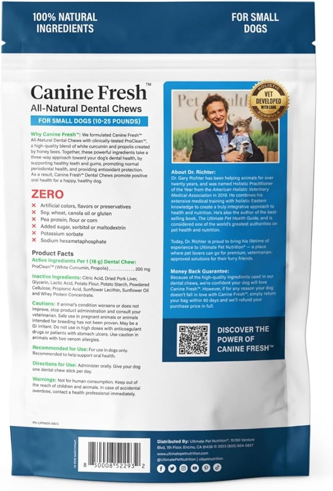 ULTIMATE PET NUTRITION Canine Fresh Dental Chews, Dental Dog Treats, Oral Care and Hygiene Sticks, Soothes Gums, Vet Developed, 30 Chews (Small)