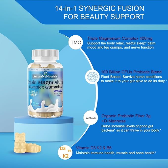 Sugar Free Magnesium Gummies Plus Probiotic & Fiber, Magnesium Glycinate 400 mg丨L-Threonate丨Taurate, Chewable Calm Magnesium Gummies w. Vitamin D3 K2 B6 for Sleep* Brain Health, Digestion, Gut Health
