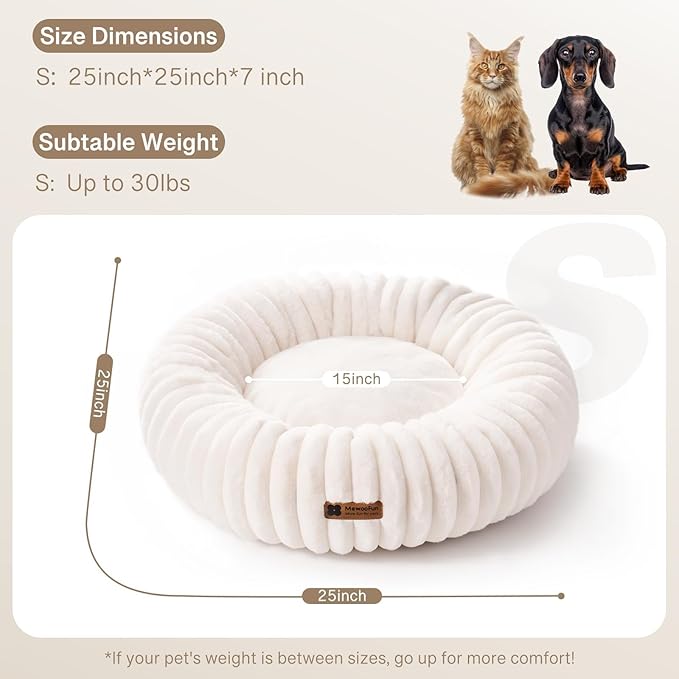 MEWOOFUN Donut Dog Beds for Small Dog, Calming Bed Round Cute Puppy Bed with Non-Slip Bottom, Fluffy Washable Pet Bed for Puppy and Kitten (Cream, S (25x25x7))