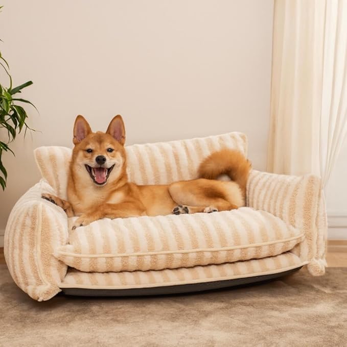 Lazy Holiday Plush Cozy Dog & Cat Sofa Bed, Teddy Velvet Dog Bed, Trendy Striped Faux Lambswool Double Layer Dog & Cat Sofa Bed Dogs Sleeping Mat for Medium Small Dogs & Cats (Pink,L)