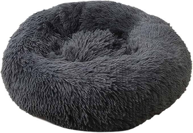 Calming Faux Fur Dog Beds Calming Donut Cuddler Dog Bed Washable Round Cat Bed Pillow Cuddler Fluffy Indoor Dog Calming Beds with Anti Slip Bottom Solid Color Dark Grey 20 Inch