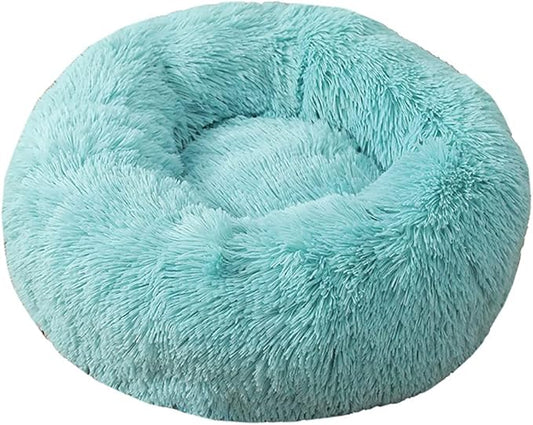 Calming Faux Fur Dog Beds Calming Donut Cuddler Dog Bed Washable Round Cat Bed Pillow Cuddler Fluffy Indoor Dog Calming Beds with Anti Slip Bottom Solid Color Lake Blue 43 Inch
