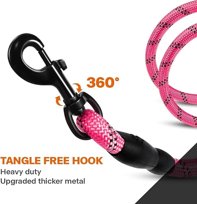 Taglory Rope Dog Leash 5 FT with Comfortable Padded Handle, Highly Reflective Threads Leash and Anti-Tangle Clip for Walking Medium Large Dogs, 1/2 inch, Pink
