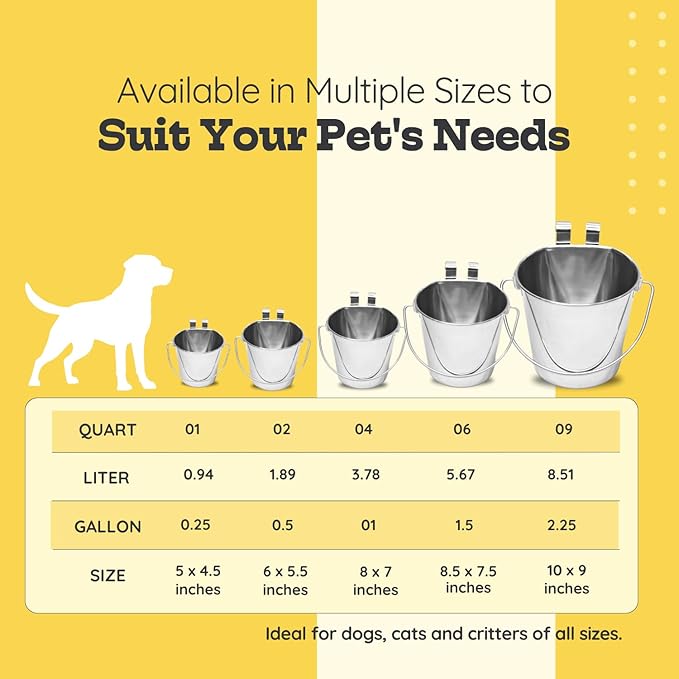 9 quart Stainless Steel Flat Sided Bucket with Dual Hooks | 2.25 gal Food & Water Bowl for XL Dog Goat Sheep Cattle Horse & Livestock | Fits kennel Crate Cages Farm | Hanging Utility Pail