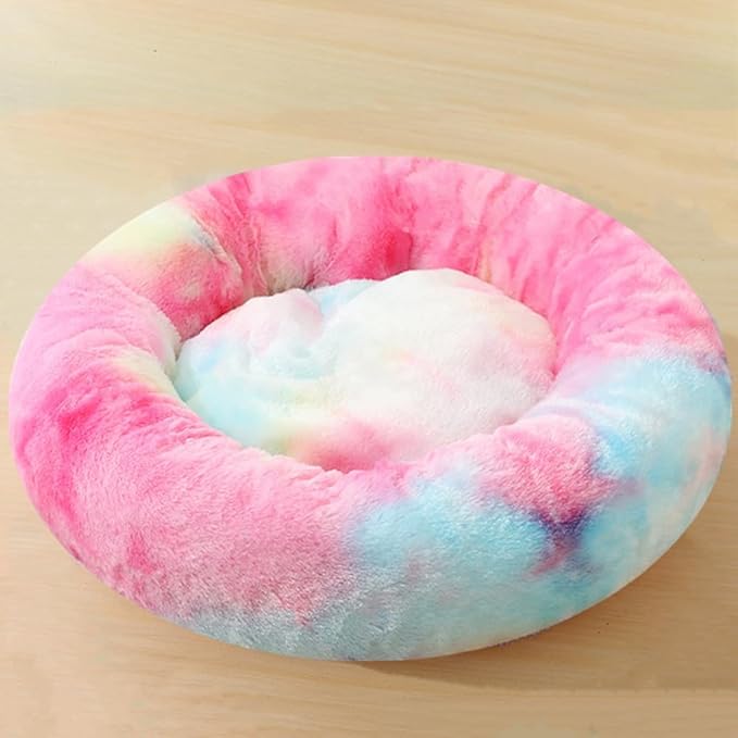 Calming Donut Dog & Cat Bed, 36 Inch Round Fluffy Dog Beds for Small Medium Large Dogs and Cats Anti-Anxiety, Puppy Bed, Washable Round Cozy Soft Pet Bed (Rainbow)