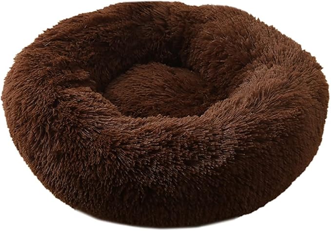 Calming Faux Fur Dog Beds Calming Donut Cuddler Dog Bed Washable Round Cat Bed Pillow Cuddler Fluffy Indoor Dog Calming Beds with Anti Slip Bottom Solid Color Coffee 47 Inch