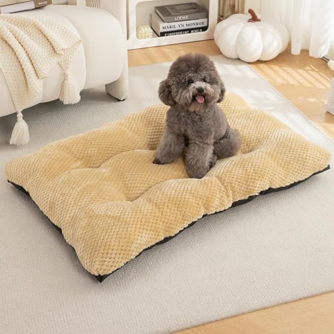 Washable Dog Bed for Large Breeds, Extra Cushioned Crate Mattress with Removable Fluffy Cover, Non-Slip Orthopedic Pet Pad, Machine Washable Kennel Mat(Khaki,XXL)
