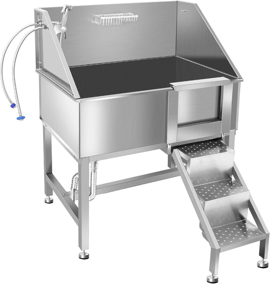 38" Pet Dog Bathing Station W/Ramp, Professional Stainless Steel Dog Grooming Tub W/Floor Grate, Faucet, Dog Bathtub for Large,Medium, Small Pets, Washing Sink for Home,R-RAMP