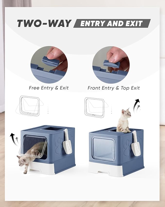Enclosed Cat Litter Box, Large Litter Box for Big Cats, Covered Kitty Litter Boxes with Lid, Top Entry Cat Box Enclosure with Scoop, Odor Control, Easy to Clean(Blue)