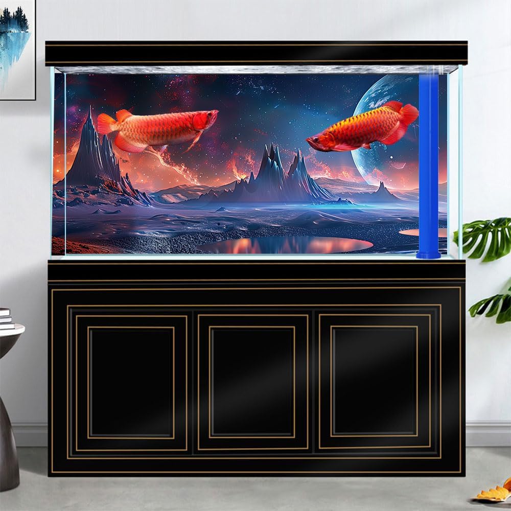 Scarlet Cosmic Aquarium Background,Cool Galaxy Parallel Space Themed Fish Tank Background, Tropical Desert Terrarium Background 24X12IN with 8 EVA Double-Sided Tape