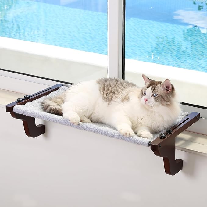 Easy Seat Cat Perch for Window Sill - Hammock Design w/Premium Wood & Robust Metal Frame - Cat Window Seat for Large Cats and Kittens (Dark Stained Wood w/Gray Bed, Large (26''W x 14''D))