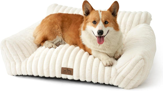 Cute Cat Couch, Premium Plush Faux Fur Pet Couch Bed, Ultra-Soft Pet Furniture for Cats & Small Dogs (Cream, M: 31.5''x23.5'')