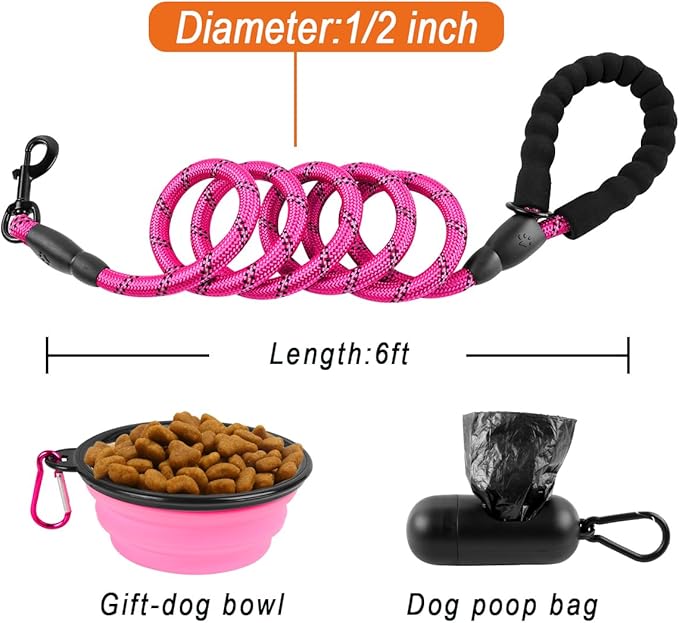 BARKBAY Dog Leashes for Large Dogs Heavy Duty Dog Leash 4/5/6 FT with Comfortable Padded Handle and Highly Reflective Threads for Medium Large Dogs Walking Training Running (6FT-1/2'',Fushcia)