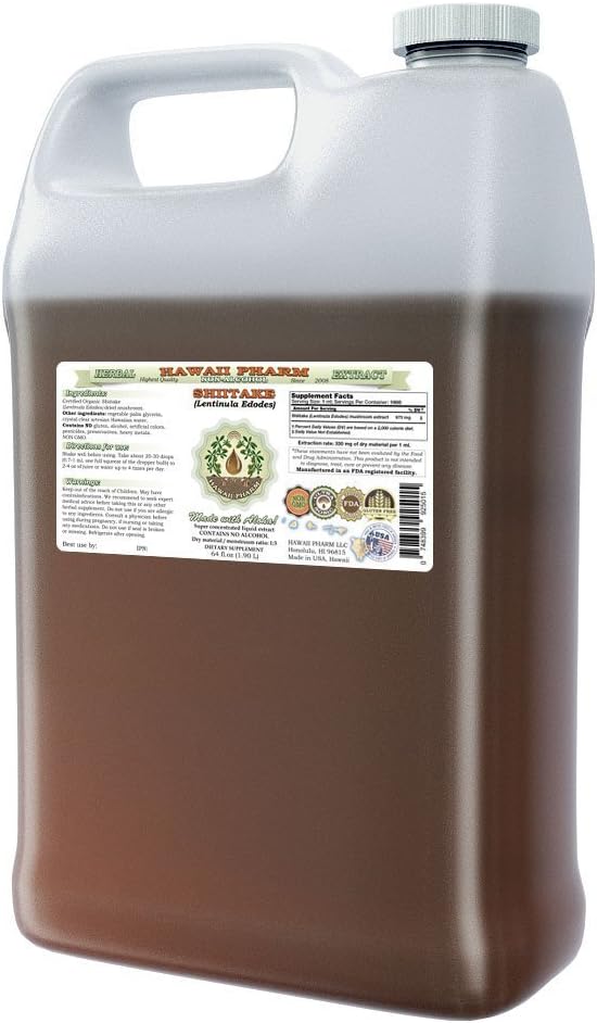 Shiitake Alcohol-Free Liquid Extract, Organic Shiitake (Lentinula Edodes) Dried Mushroom Glycerite Natural Herbal Supplement, Hawaii Pharm, USA 64 fl.oz