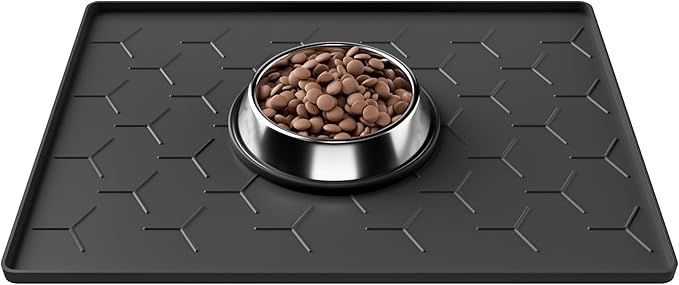 Pieviev 16''x12'' Dog Cat Food Bowl Mat, Silicone Waterproof Food Grade Pet Food Mat for Floor, High Raised Edge to Prevent Spills, Non-Slip & Easy Clean Pet Placemat for Dog & Cat Bowls, Black