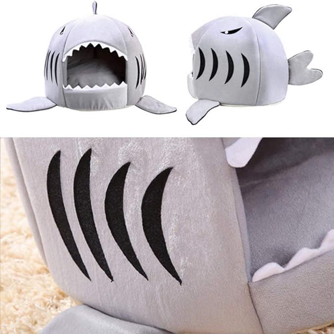 Shark Shaped Pet Dog Puppy Bed Warm Cat Bed House Nest for Autumn Winter Grey XS