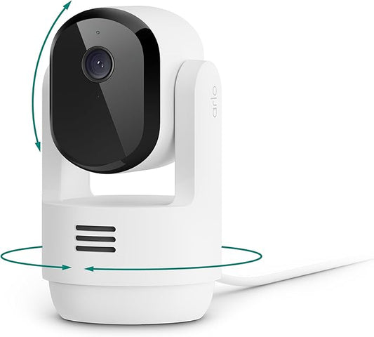 Arlo Essential Indoor Pan Tilt Security Camera 2K (2025 Release) - Wired Plug-in Power, Person Recognition, Animal Detection, Animated Preview, 1-Month Secure Plan, Auto Motion Tracking, 1 Cam, White