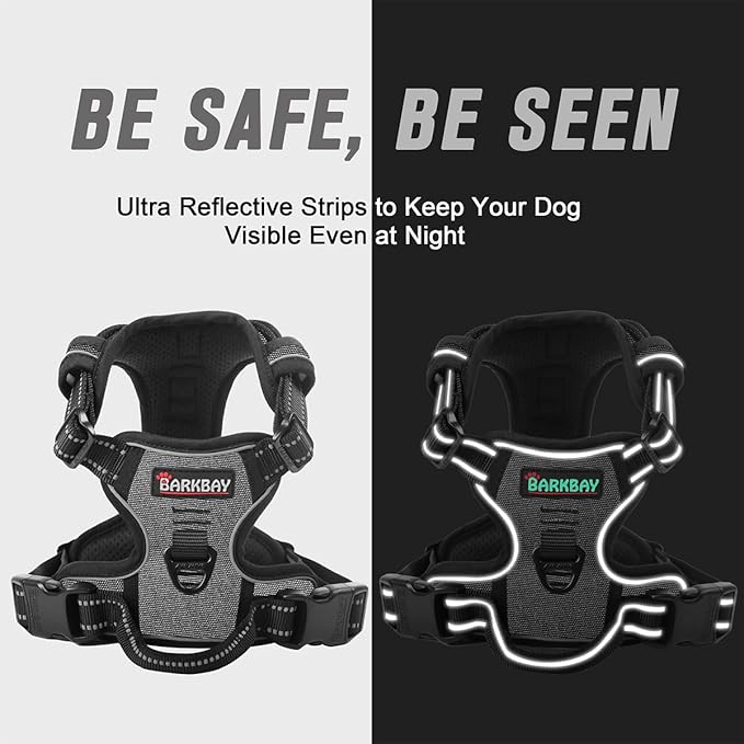 BARKBAY No Pull Dog Harness Front Clip Heavy Duty Reflective Easy Control Handle for Large Dog Walking(Dark Grey,L)