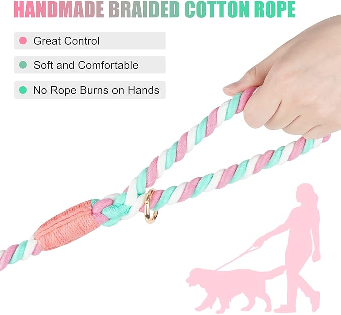Dog Leash 6 FT Handmade Braided Cotton Rope Leashes for Small Medium and Large Dogs, New Golden Heavy Duty Metal Clasp, Cherry Blossom Pink