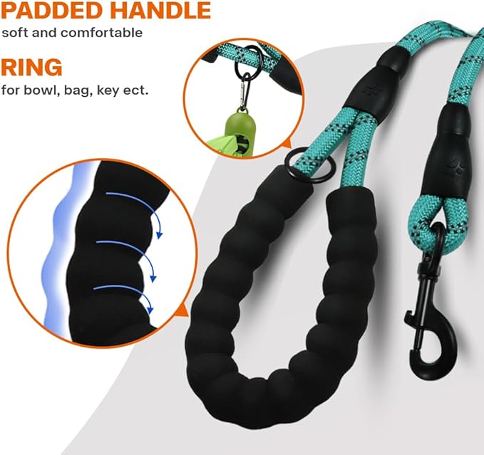 Taglory Rope Dog Leash 6 FT with Comfortable Padded Handle, Highly Reflective Threads Leash and Anti-Tangle Clip for Walking Small Dogs, 3/8 inch, Turquoise