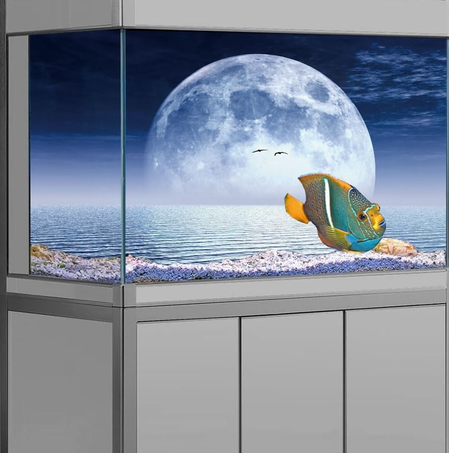 Moon Aquarium Background,Cool Sea Galaxy Parallel Space Themed Fish Tank Background, Cool Terrarium Background 30X12IN with 8 EVA Double-Sided Tape