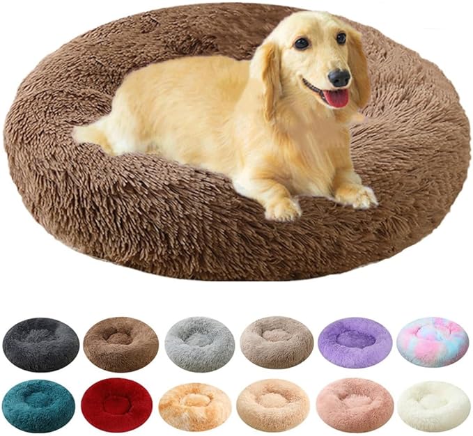 Dog Bed & Cat Bed for Small Medium Dogs, 27 Inch Calming Dogs Bed Anti-Anxiety Machine Washable Fluffy Luxury Anti-Slip Waterproof Pet Puppy Round Bed (Coffee)