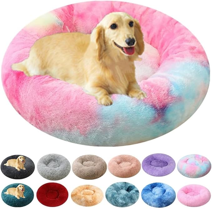 Calming Small Dog Bed Cat Bed, 20 Inch Donut Fluffy Anti-Anxiety Round Bed Washable Cute Bed, Cuddler Warming Cozy Soft Bed, Plush Cushion Bed for Small Medium Dogs and Cats (Rainbow)