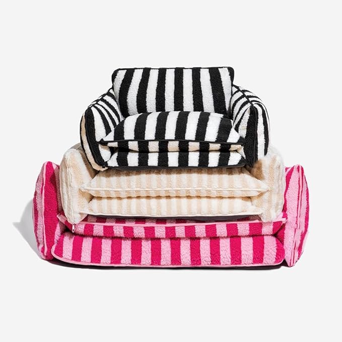 Lazy Holiday Plush Cozy Dog & Cat Sofa Bed, Teddy Velvet Dog Bed, Trendy Striped Faux Lambswool Double Layer Dog & Cat Sofa Bed Dogs Sleeping Mat for Medium Small Dogs & Cats (Pink,L)