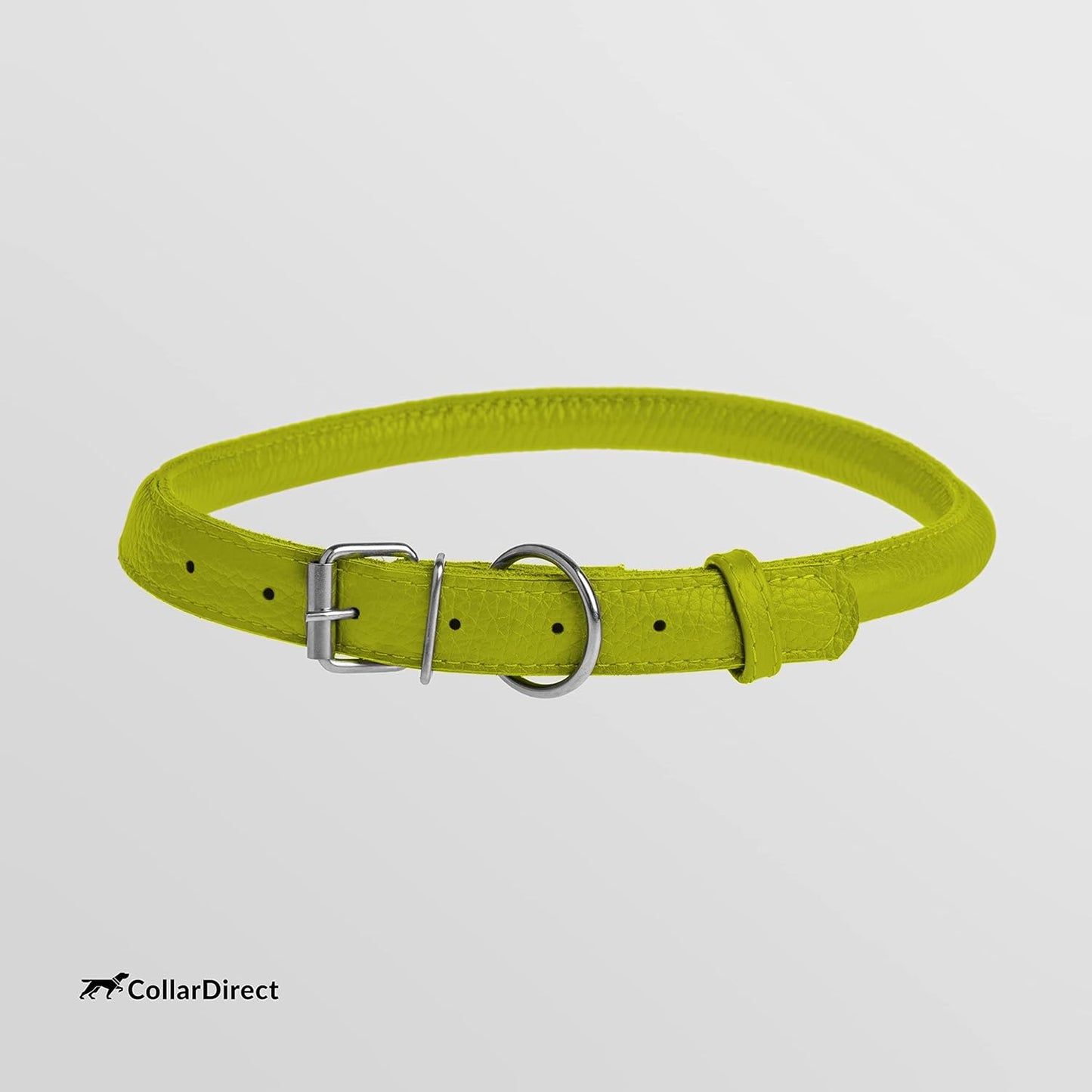 CollarDirect Rolled Leather Dog Collar, Soft Padded Round Puppy Collar, Handmade Genuine Leather Collar Dog Small Large Cat Collars 13 Colors (15-19 Inch, Lime Green Textured)